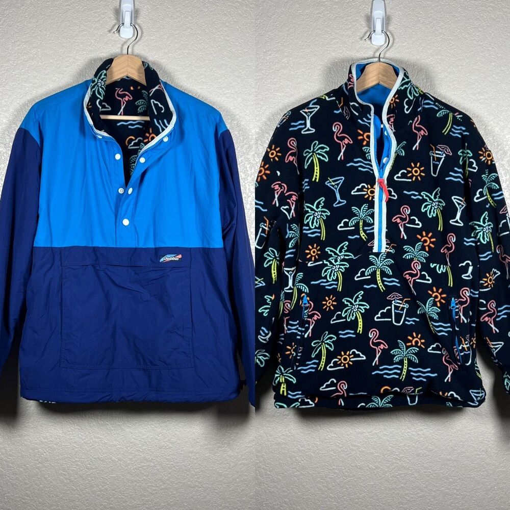 Chubbies Mens Anorak Fleece Jacket Size M Reversible Zip Snap Frat Flamingo